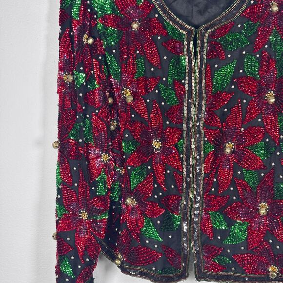 Vintage Laurence Kazar Sequin Jacket Size XL Red Black Floral Beaded Cropped - Picture 6 of 15